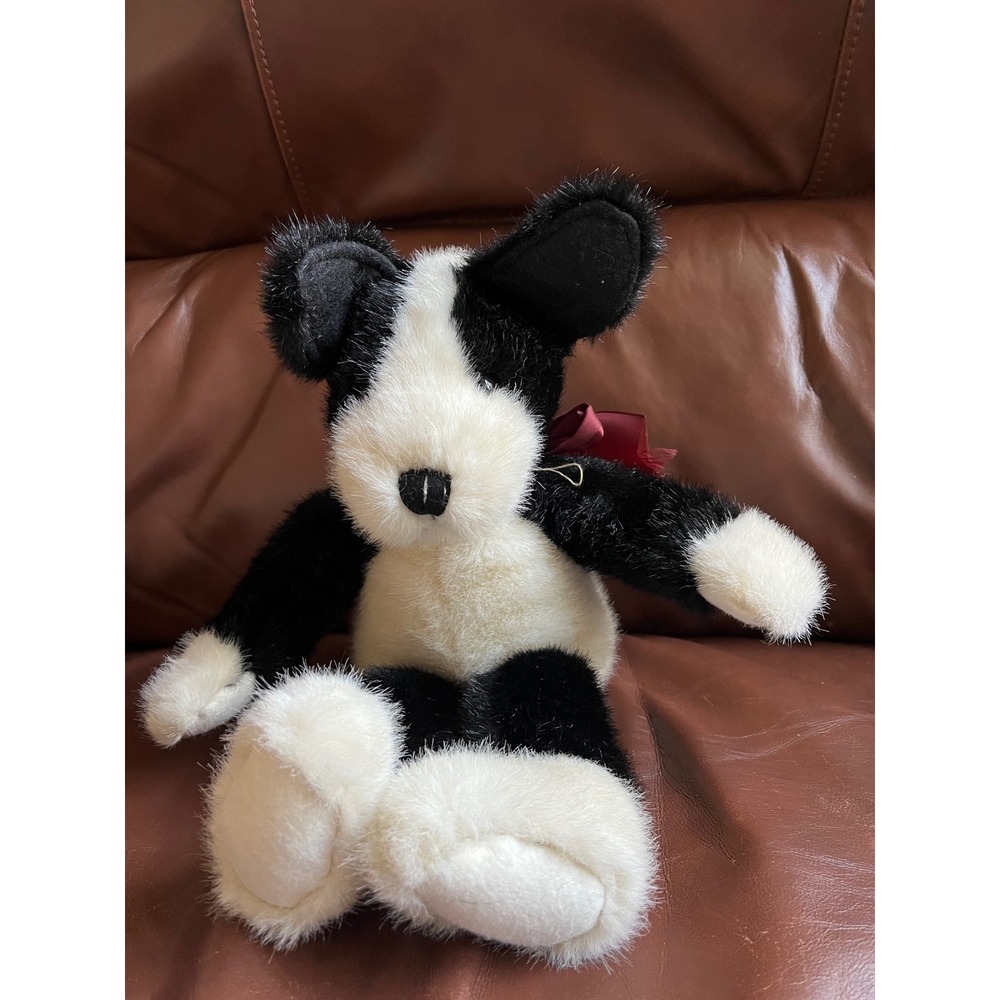 Black White Plush Dog Teddy Bear Sitting Stuffed Animal Burgundy Bow